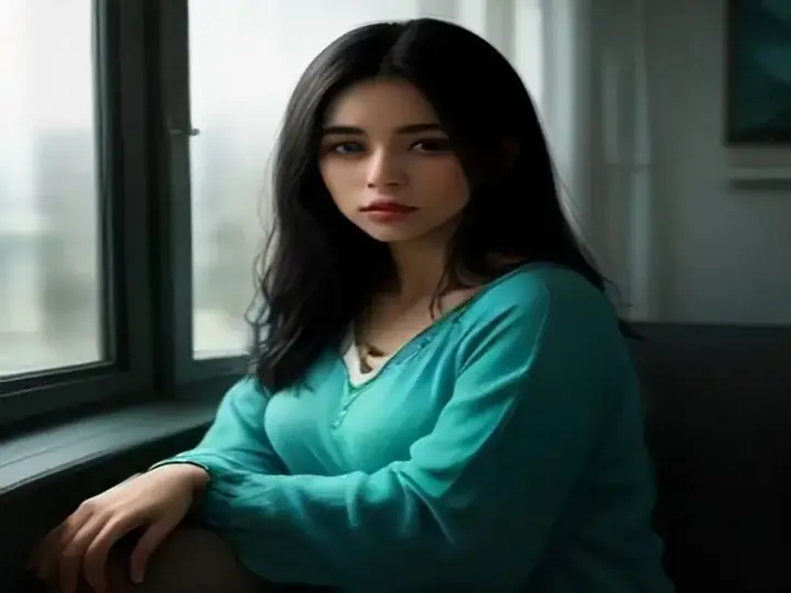La misma mujer, en la misma ventana, con luz del amanecer y expresión serena