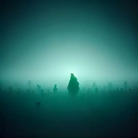 Siluetas difusas entre la niebla; una destaca con luz verde