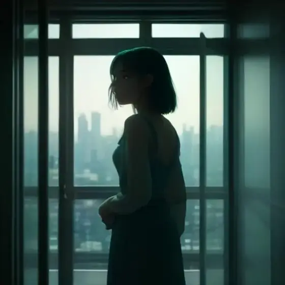 Mujer frente a una ventana al amanecer