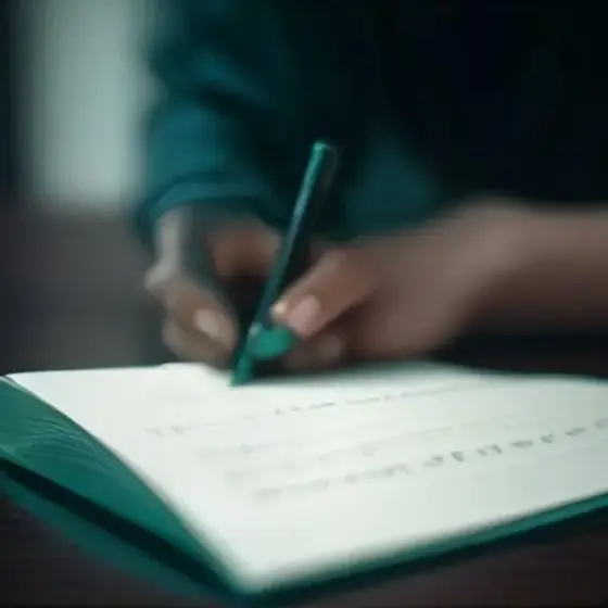 Manos escribiendo a mano en un cuaderno de noche